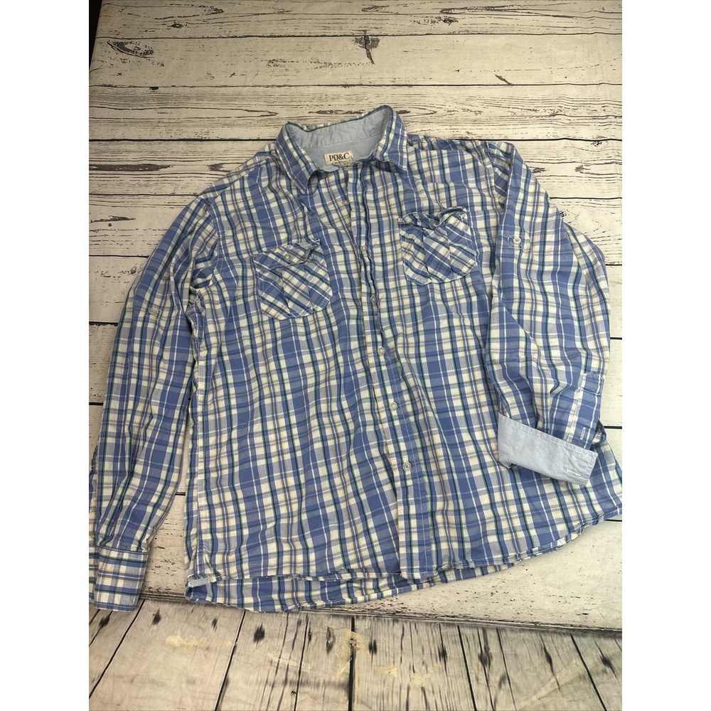 PD&C Mens XL Plaid Button Up Shirt Blue White Yellow Green PW9QUP23 Long Sleeve